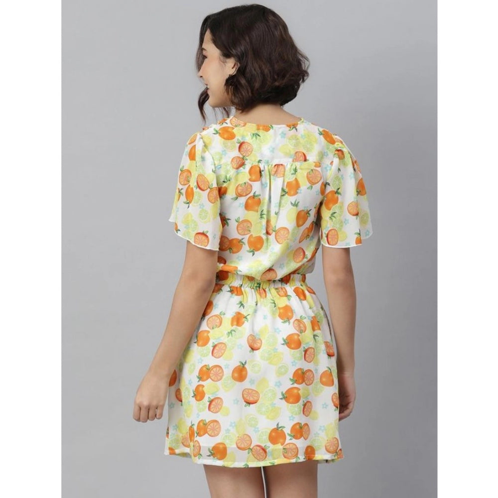 PKRKART Women's Polyester Printed Flutter Above Knee Dress (Orange - Yellow)