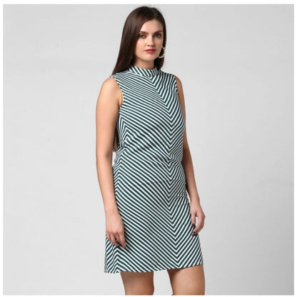PKRKART Women's Polyester Striped Sleeveless Above Knee Dress (Green)