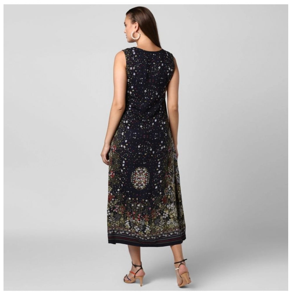 PKRKART Women's Rayon Floral Sleeveless Calf-length Dress (Black)
