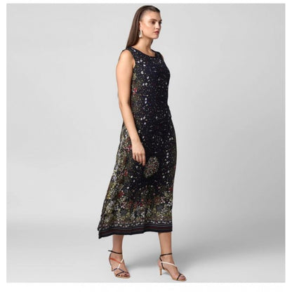 PKRKART Women's Rayon Floral Sleeveless Calf-length Dress (Black)