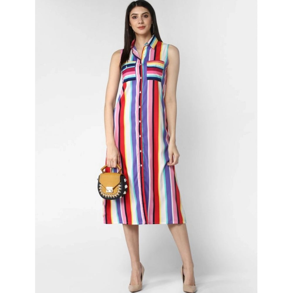 PKRKART Women's Polyester Striped Sleeveless Calf-length Dress (Multicolor)