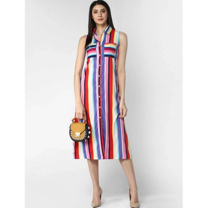 PKRKART Women's Polyester Striped Sleeveless Calf-length Dress (Multicolor)