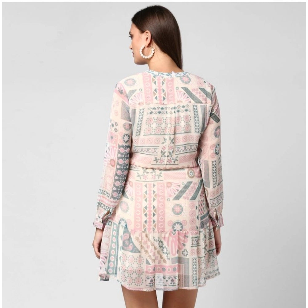 PKRKART Women's Polyester Printed Long Sleeves Above Knee Dress (Light Pink - Off White)