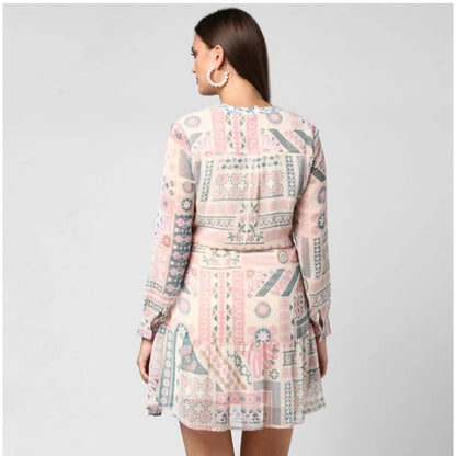 PKRKART Women's Polyester Printed Long Sleeves Above Knee Dress (Light Pink - Off White)