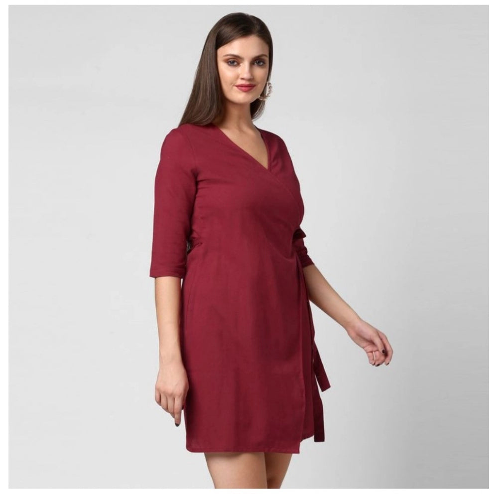 PKRKART Women's Cotton Solid 3-4th Sleeves Above Knee Dress (Maroon)