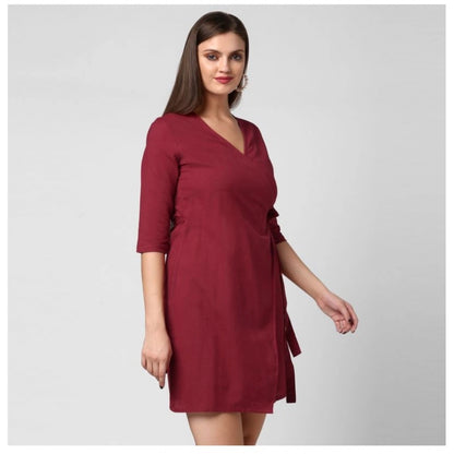 PKRKART Women's Cotton Solid 3-4th Sleeves Above Knee Dress (Maroon)