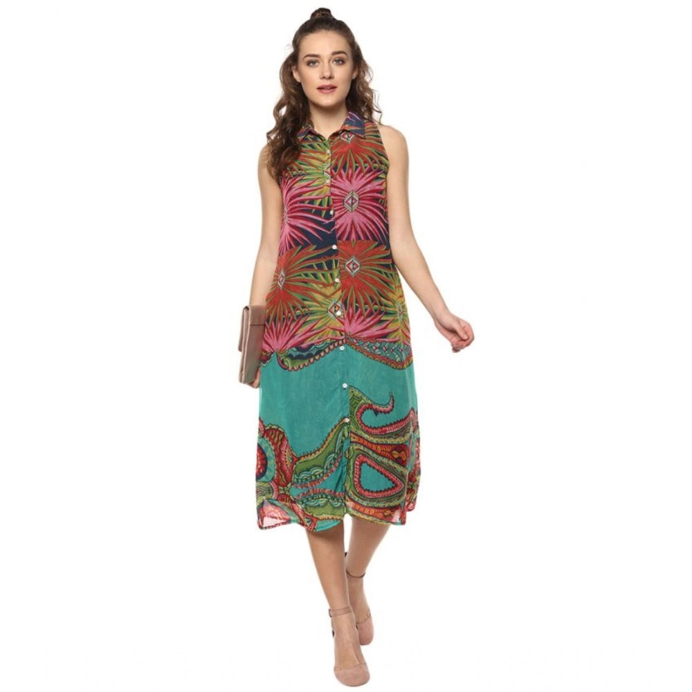 PKRKART Women's Polyester Floral Sleeveless Below Knee Dress (Multicolor)