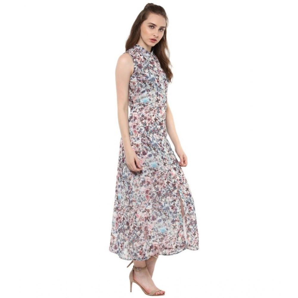 PKRKART Women's Polyester Chiffon Printed Sleeveless Dress (Multicolor)