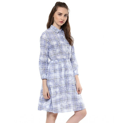 PKRKART Women's Cotton Checkered Roll Up Sleeve Above Knee Dress (Blue)