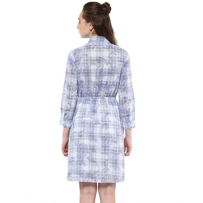 PKRKART Women's Cotton Checkered Roll Up Sleeve Above Knee Dress (Blue)