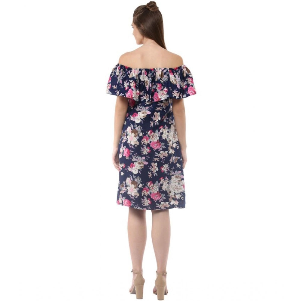 PKRKART Women's Polyester Crepe Floral Half Sleeve Above Knee Dress (Navy Blue)