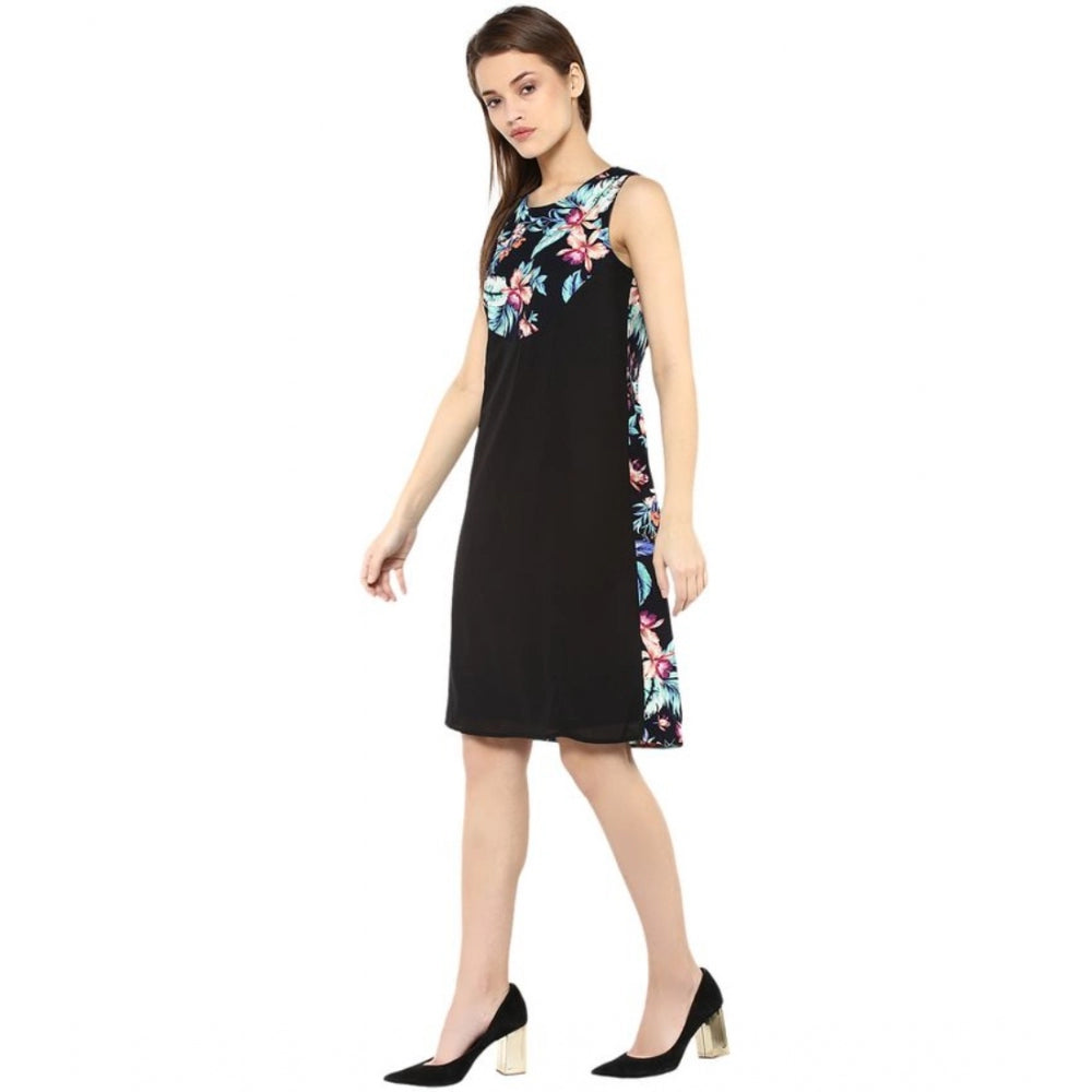 PKRKART Women's Polyester Printed Sleeveless Above Knee Dress (Black - Multicolor)