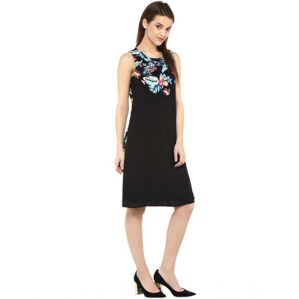 PKRKART Women's Polyester Printed Sleeveless Above Knee Dress (Black - Multicolor)