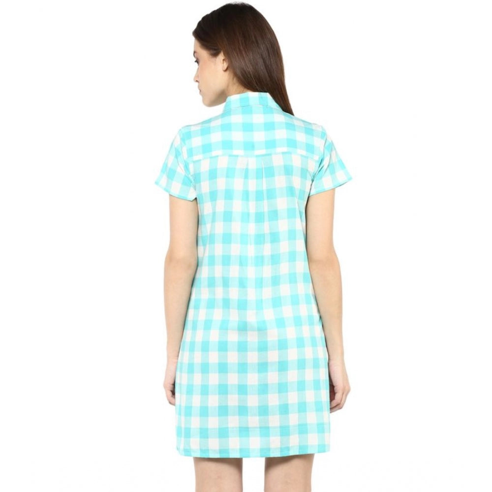 PKRKART Women's Rayon Checkered Short Sleeve Above Knee Dress (SkuBlue - White)
