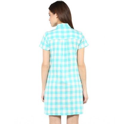 PKRKART Women's Rayon Checkered Short Sleeve Above Knee Dress (SkuBlue - White)