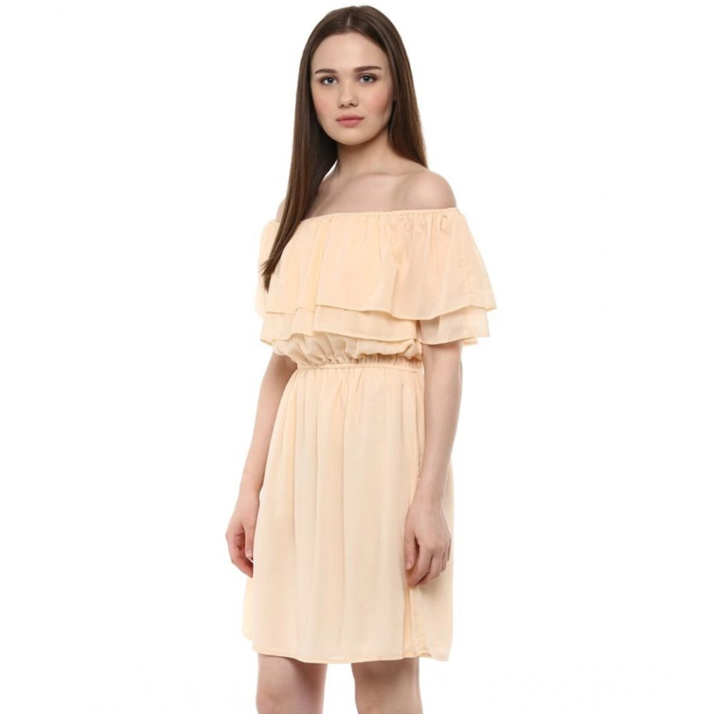 PKRKART Women's Polyester Solid Sleeveless Knee-Length Dress (Beige)
