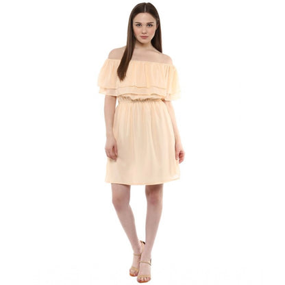 PKRKART Women's Polyester Solid Sleeveless Knee-Length Dress (Beige)