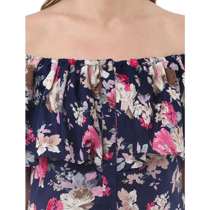 PKRKART Women's Polyester Crepe Floral Half Sleeve Above Knee Dress (Navy Blue)