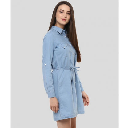 PKRKART Women's Denim Solid Long Sleeves Above Knee Dress (Blue)