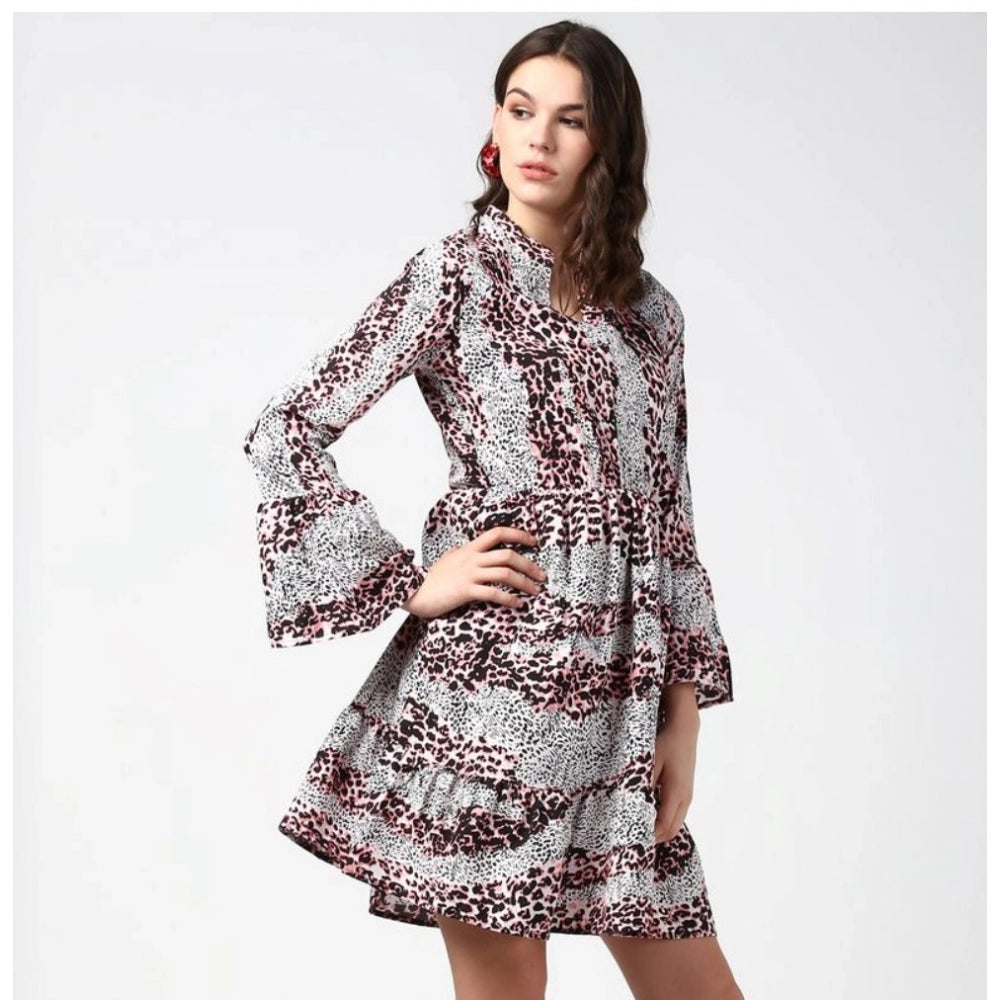 PKRKART Women's Polyester Animal Print Bell Sleeve Above Knee Dress (Pink - Black)