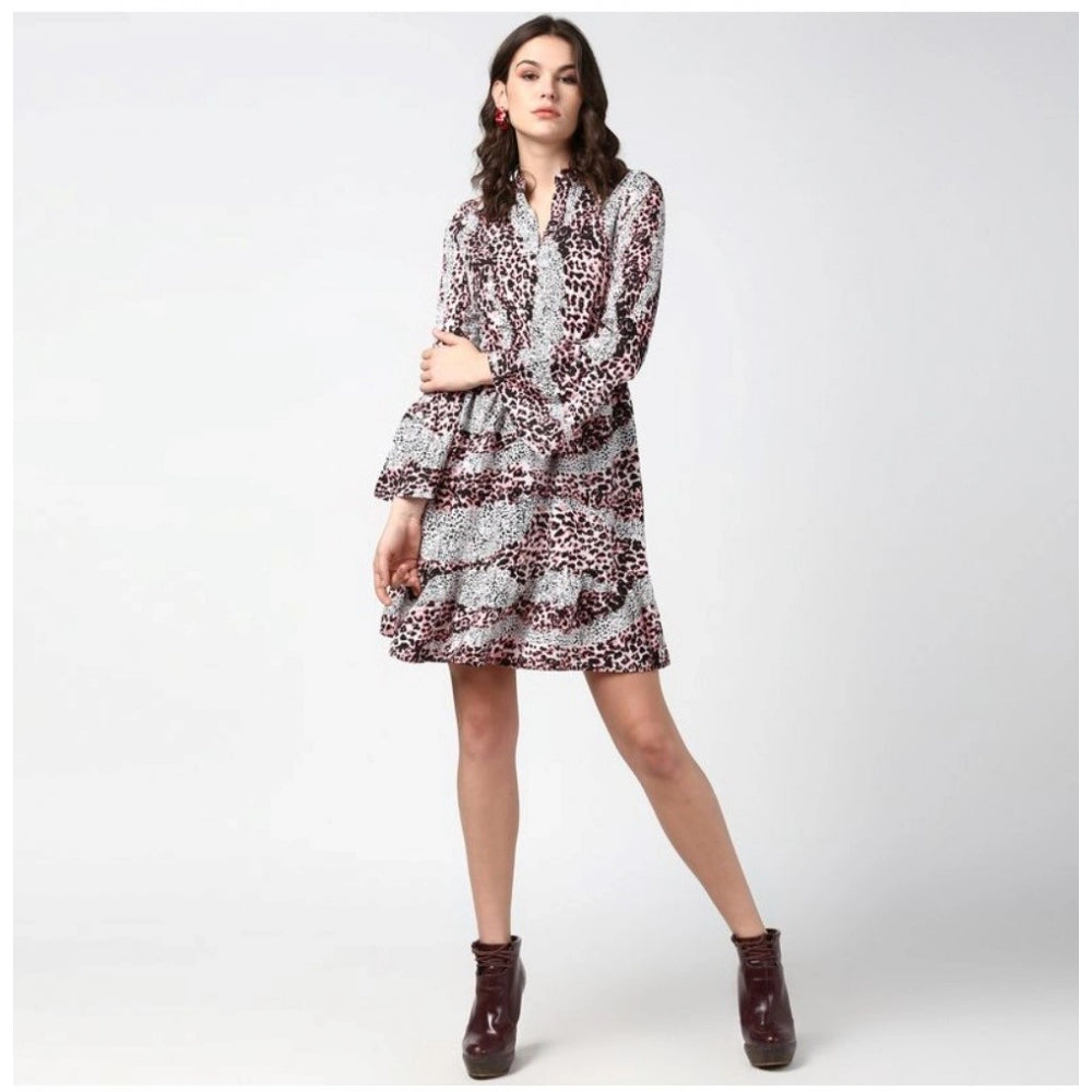 PKRKART Women's Polyester Animal Print Bell Sleeve Above Knee Dress (Pink - Black)