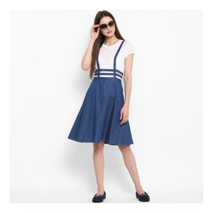 PKRKART Women's Denim Solid Shoulder Straps Below Knee Dress (Blue)