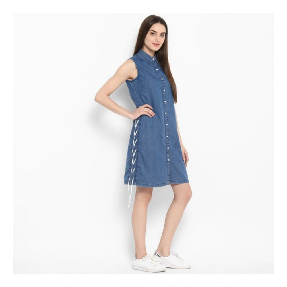 PKRKART Women's Denim Solid Sleeveless Above Knee Dress (Blue)
