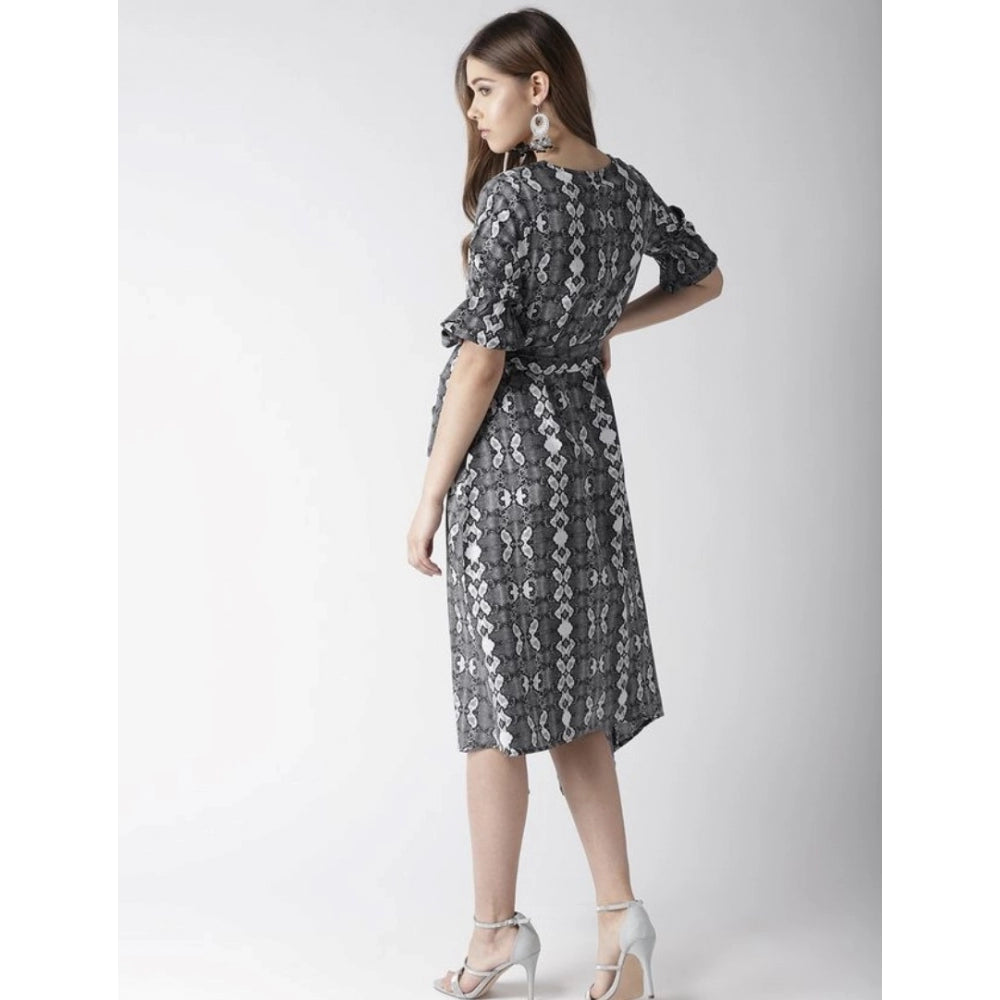 PKRKART Women's Polyester Animal Print Short Sleeve Knee-Length Dress (Black - White)