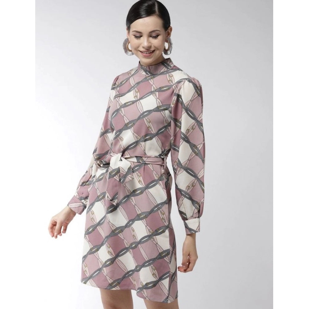 PKRKART Women's Polyester Checkered Long Sleeves Above Knee Dress (Off White - Lavender)