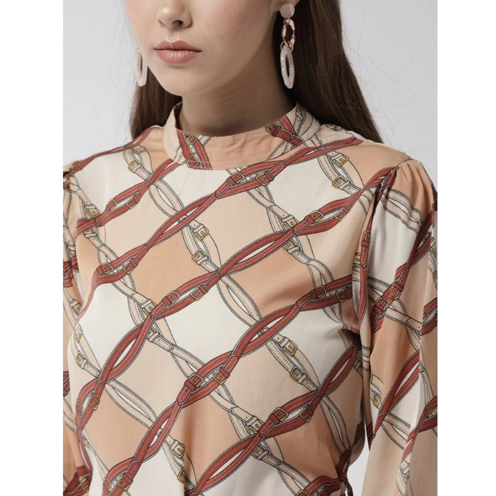 PKRKART Women's Polyester Checkered Long Sleeves Above Knee Dress (Off White - Brown)