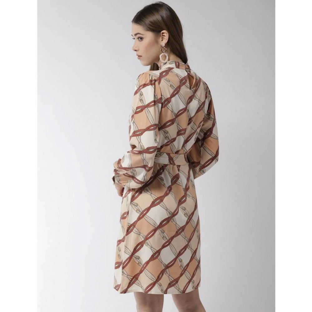 PKRKART Women's Polyester Checkered Long Sleeves Above Knee Dress (Off White - Brown)