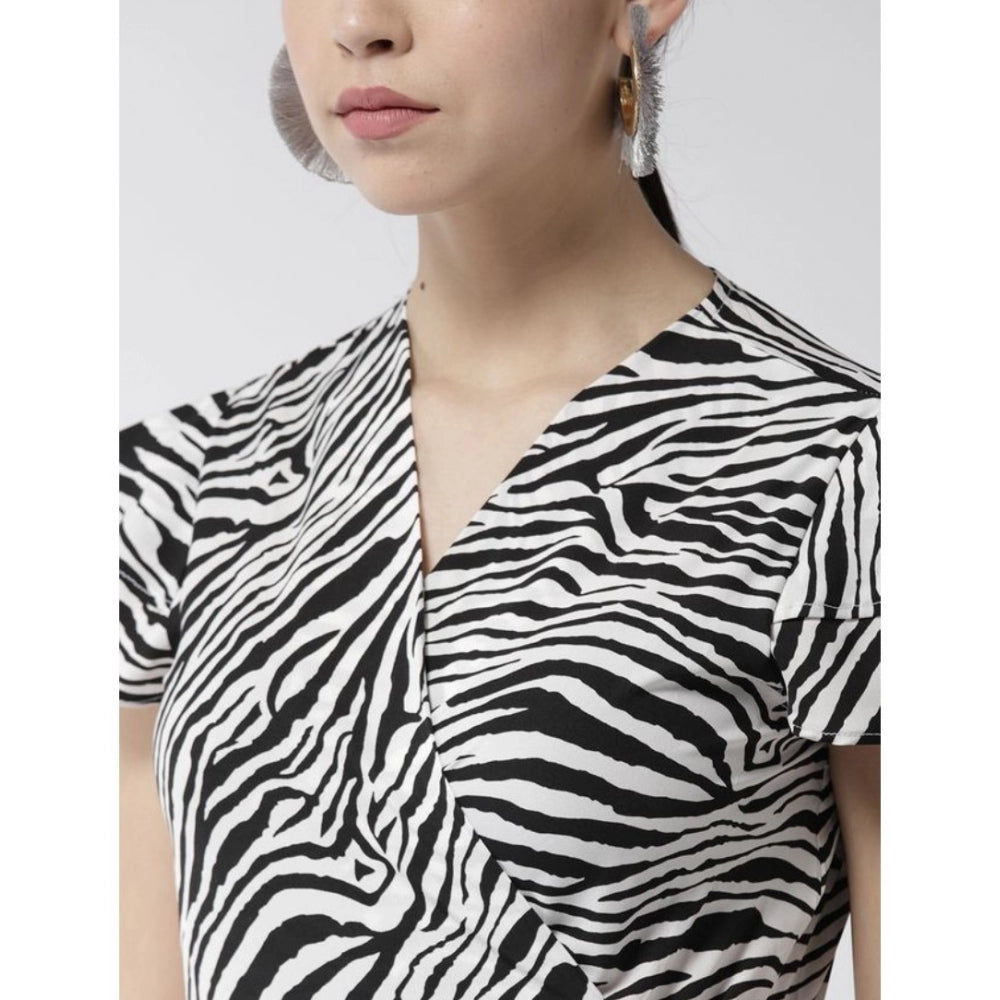PKRKART Women's Polyester Animal Print Short Sleeve Knee-Length Dress (Black - White)
