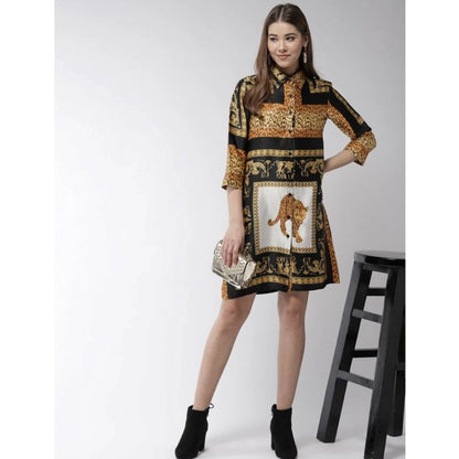 PKRKART Women's Satin Animal Print 3-4th Sleeves Above Knee Dress (White - Orange)