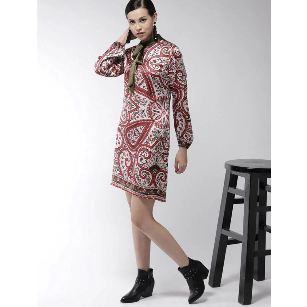 PKRKART Women's Polyester Printed Long Sleeves Above Knee Dress (Red)