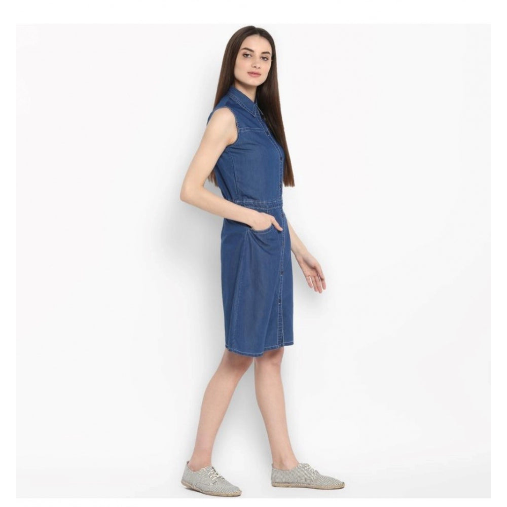 PKRKART Women's Denim Solid Sleeveless Above Knee Dress (Blue)
