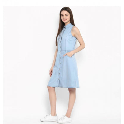 PKRKART Women's Denim Solid Sleeveless Below Knee Dress (Blue)