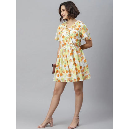 PKRKART Women's Polyester Printed Flutter Above Knee Dress (Yellow - Orange)
