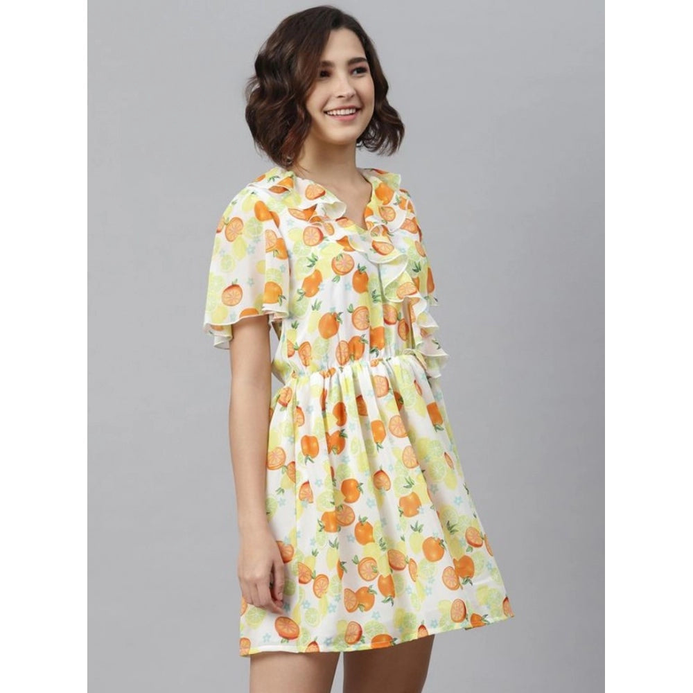 PKRKART Women's Polyester Printed Flutter Above Knee Dress (Yellow - Orange)