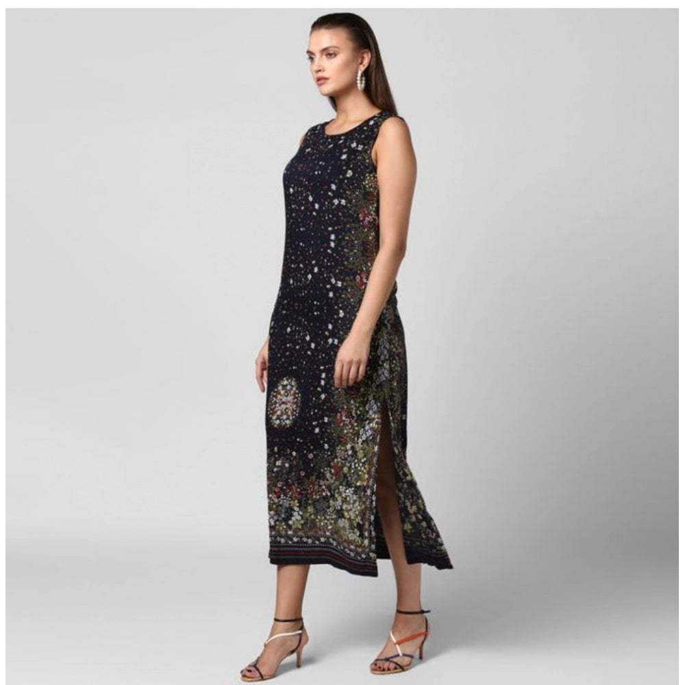 PKRKART Women's Rayon Floral Sleeveless Calf-length Dress (Black)