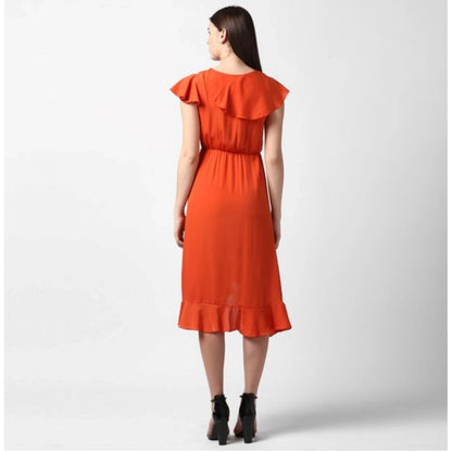 PKRKART Women's Polyester Ruffled Cap Sleeve Knee-Length Dress (Orange)