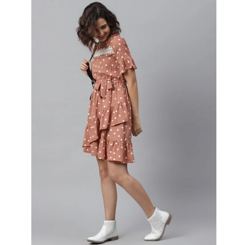 PKRKART Women's Polyester Polka Bell Sleeve Above Knee Dress (Brown)