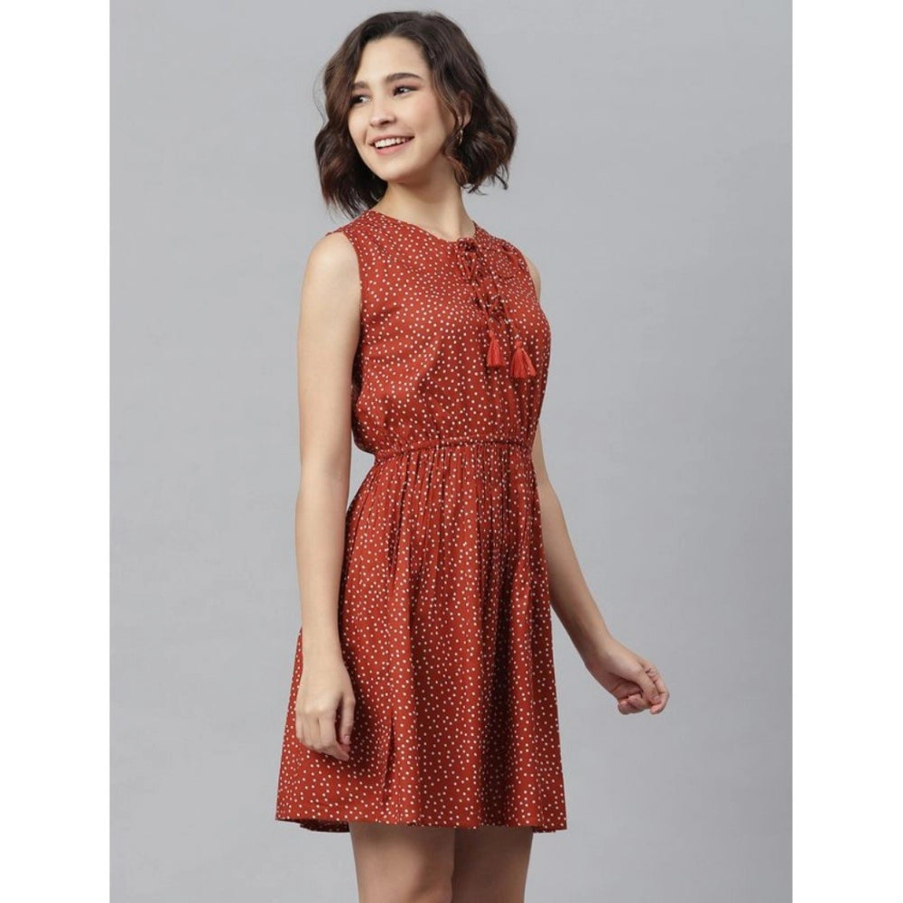 PKRKART Women's Rayon Polka Sleeveless Above Knee Dress (Rust)