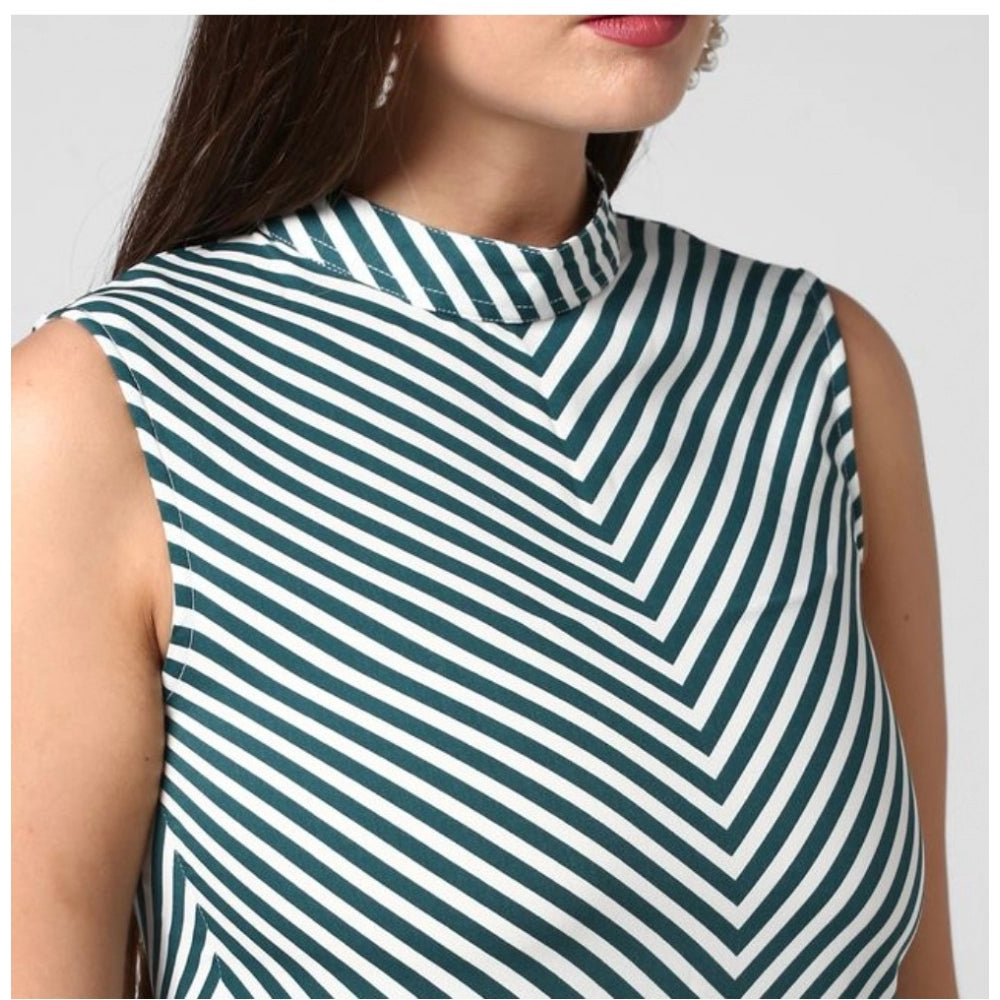 PKRKART Women's Polyester Striped Sleeveless Above Knee Dress (Green)