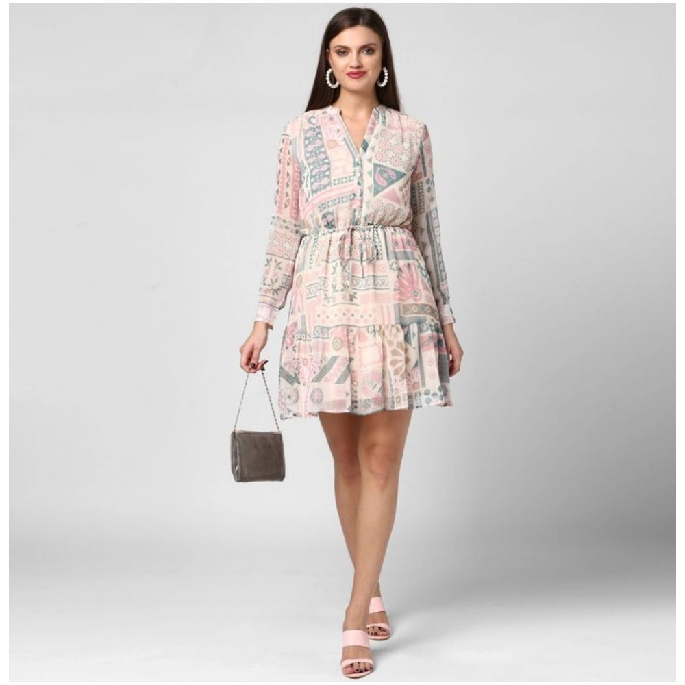 PKRKART Women's Polyester Printed Long Sleeves Above Knee Dress (Light Pink - Off White)