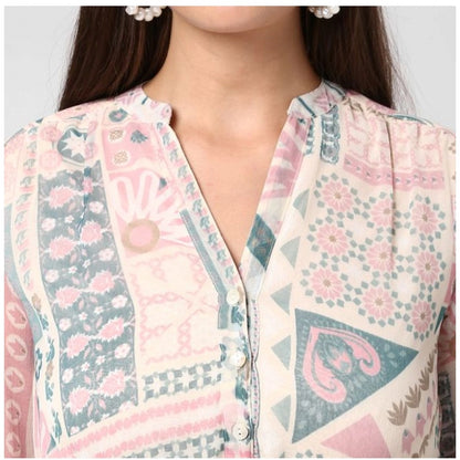 PKRKART Women's Polyester Printed Long Sleeves Above Knee Dress (Light Pink - Off White)