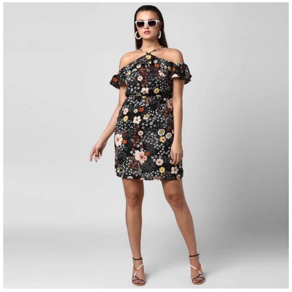 PKRKART Women's Polyester Floral Cold Shoulder Above Knee Dress (Black)