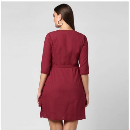PKRKART Women's Cotton Solid 3-4th Sleeves Above Knee Dress (Maroon)
