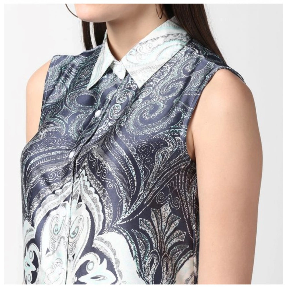 PKRKART Women's Polyester Printed Sleeveless Above Knee Dress (Blue)