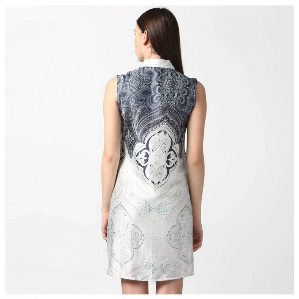 PKRKART Women's Polyester Printed Sleeveless Above Knee Dress (Blue)