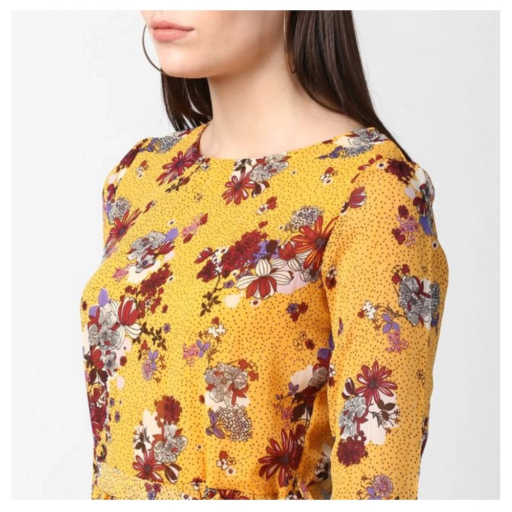 PKRKART Women's Polyester Floral Long Sleeves Calf-length Dress (Yellow)